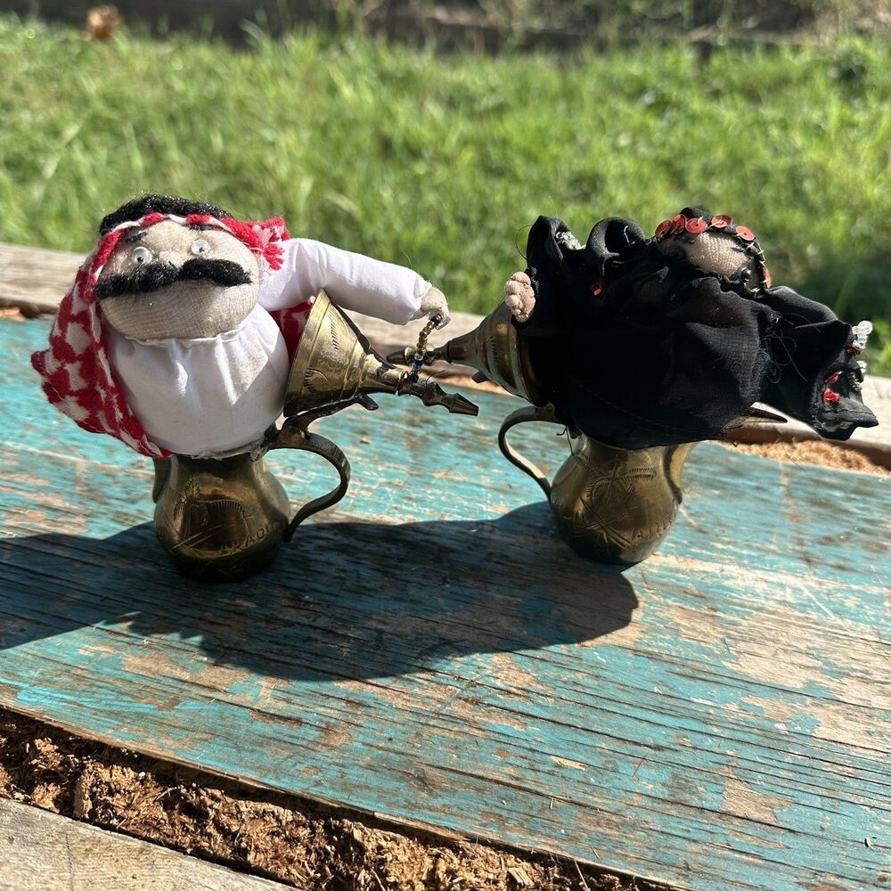 Handmade Folk Art Genies in Authentic Vintage Brass Vases - Unique Oddity Set"